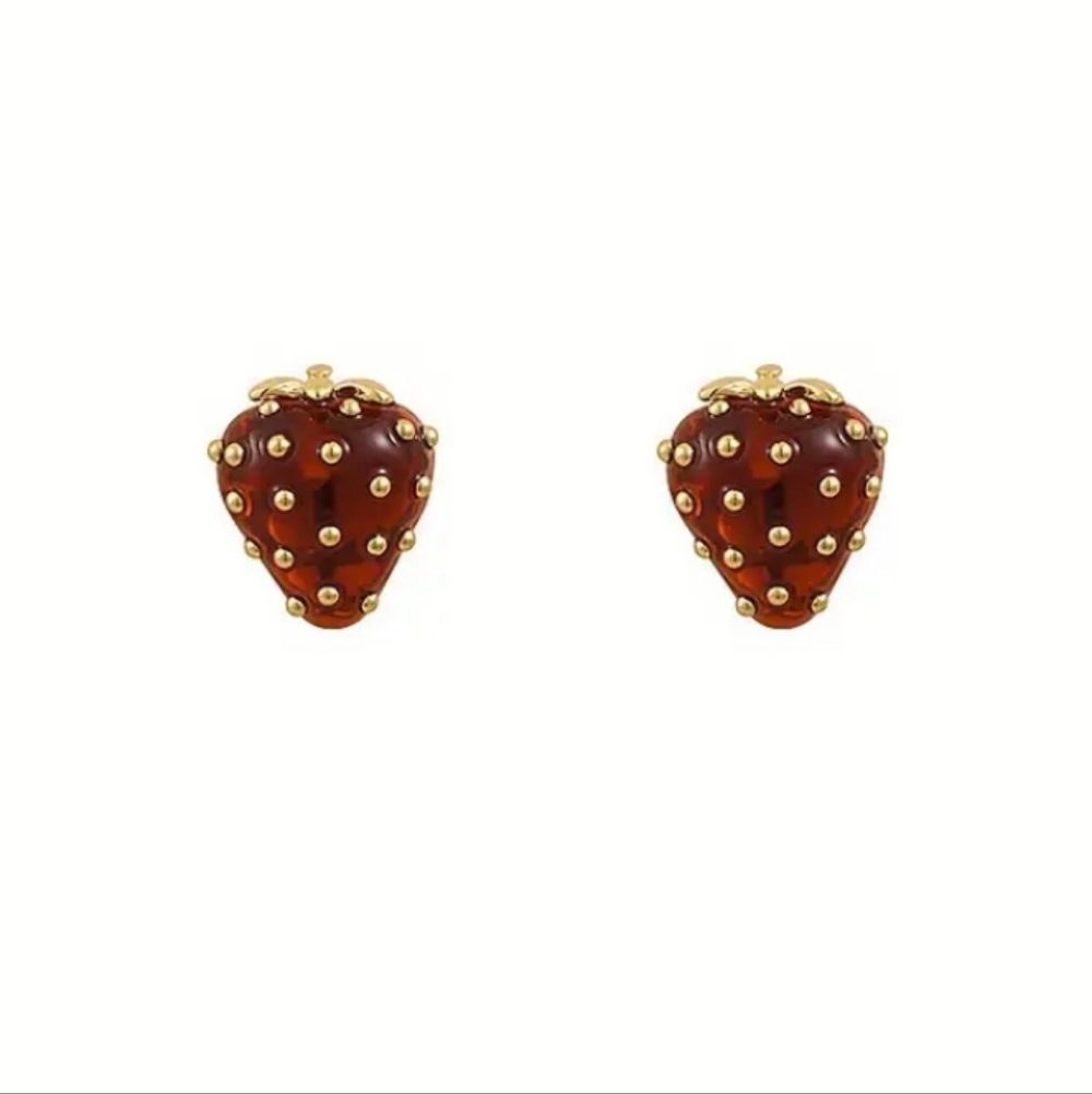 🆕️ Gold and Red Strawberry Stud Earrings